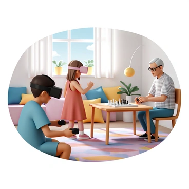 Two children, a boy and a girl, are fully engaged in a virtual reality game. The boy is wearing a black headset and a blue t-shirt, holding motion controllers, while the girl is wearing a pink headset and a red dress, reaching out with her hands as if interacting with the game. They are positioned in a cozy living room filled with colorful cushions and a vibrant rug. In the background, a grandparent is sitting at a wooden table, playing chess. The grandparent is wearing glasses and a plaid shirt, concentrating on the chessboard with white and black pieces arranged in a mid-game setup. Sunlight streams through a nearby window, casting soft shadows in the room.