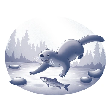 An otter is swimming energetically in a brook, its sleek body gliding through the water. The otter's playful expression is highlighted as it pursues a brook trout just ahead. The trout is depicted with its fins extended, creating ripples in the water as it swims away. Sunlight streams down from above, illuminating the brook and casting reflections on the surface. Surrounding the scene are smooth stones and patches of aquatic plants, adding to the liveliness of the environment.
