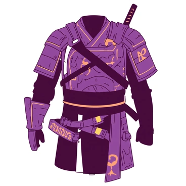 A close-up view of intricate battle gear worn by "jujutsu sorcerers." The gear features a combination of layered fabrics and protective armor, showcasing a distinctive patterns and textures. The chest piece is adorned with "symbolic motifs," while various straps and fasteners create a secure fit. The sleeves have "reinforced padding" for enhanced protection during combat. Accessories include a stylish "sword sheath" on one side and a variety of "small pouches" attached to a utility belt. The color scheme of the armor blends "dark hues" with bright accents, emphasizing the detailed craftsmanship and functionality of the gear.
