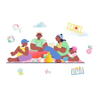 A photograph captures a family of four enjoying a sunny day at the park. The family consists of two adults and two children. The adults are sitting on a picnic blanket, wearing casual summer clothing, with a basket of snacks nearby. One child is playing with a blue frisbee while the other is building a small sandcastle with bright yellow toys. Surrounding the photograph are playful doodles of various toys and games. There are colorful illustrations of a teddy bear, a red ball, a kite in the sky, and a hopscotch layout in pastel colors. The doodles appear to float around the edges, creating a whimsical border that enhances the scene of joyful family bonding.