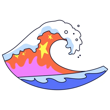An ocean wave curling and crashing with dynamic motion. The wave has a vivid fiery glow, blending shades of orange and red, as if illuminated by the sunset. The bottom of the wave shows hints of blue and green, creating contrast with the warm colors. The wave is depicted mid-crash, splashing droplets that catch the light, adding a sense of energy and movement to the scene.