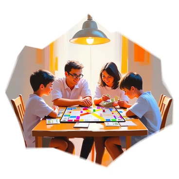 A family of four is gathered around a wooden dining table, engaged in an intense game of Monopoly. The father, with short dark hair and glasses, is leaning forward, deeply focused on his game piece. The mother, with medium-length brown hair, is smiling while holding a handful of colorful property cards. A teenage boy with tousled hair is studying the game board, while his younger sister, with pigtails, is excitedly counting her Monopoly money. The table is cluttered with game pieces, property cards, and a vibrant game board detailed with various streets and utilities, creating a lively atmosphere. A warm light illuminates the scene from an overhead lamp, highlighting the expressions of concentration and excitement on their faces.