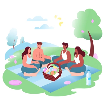 A group of friends is seated on a large, colorful blanket spread out over lush green grass in a park. There is a picnic basket filled with a variety of food items such as fruits, sandwiches, and snacks. The sun is shining brightly, casting warm light over the scene. Nearby, a few trees provide a backdrop with vibrant leaves. A frisbee and a bottle of water are placed on the blanket, adding to the picnic atmosphere. A picturesque landscape is visible in the distance, enhancing the cheerful setting.