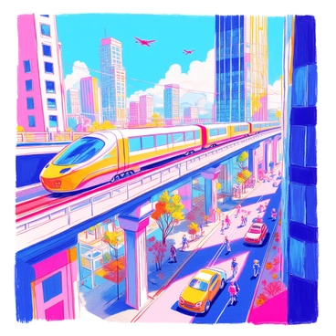 A high-speed rail network is prominently featured, with sleek, aerodynamic trains gliding along elevated tracks. The trains are surrounded by towering skyscrapers made of glass and steel, reflecting sunlight in various shades. Below the tracks, a vibrant street scene includes people walking, futuristic vehicles, and greenery integrated into urban spaces. The sky is clear, with a few clouds and flying drones above the city. The architecture of the buildings displays innovative designs, with curves and sharp angles. Bright advertisements illuminate the scene, adding pops of color to the environment.