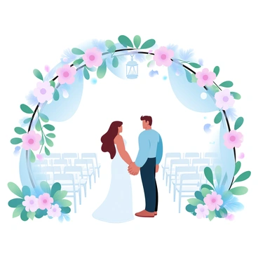 A couple stands under a large floral arch made of vibrant blooms in various colors. The arch is adorned with greenery and draping fabric that adds elegance to the setting. The couple is holding hands and facing each other, surrounded by lush garden flowers and plants. There are rows of white chairs arranged for guests, and delicate decorative elements like lanterns and ribbons adorn the scene. Soft pastel colors dominate the surroundings, creating a harmonious and inviting atmosphere. Above them, a clear blue sky stretches, completing the idyllic setting.