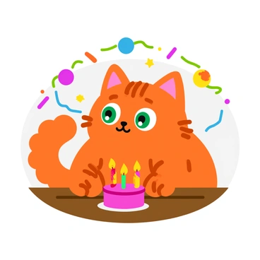 A fluffy orange cat with wide green eyes sits on a wooden table, staring intently at a sparkling birthday candle. The candle, placed in the center of a small, round cake, emits bright and colorful sparks that illuminate the cat's face. The background features festive decorations, including colorful balloons and streamers. The cat's ears are perked up, and its tail is curled in surprise as it watches the magical display in front of it.
