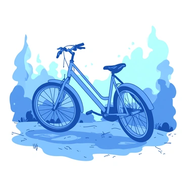 A blue bicycle stands parked on a gravel path, partly obscured by thick, swirling morning fog. The fog creates a soft, diffused atmosphere around the bicycle, which has a sleek design with a shiny frame and thin tires. A few dew drops glisten on the handlebars and seat in the muted light. Shadows of trees can be seen in the background, their outlines blurred by the fog, enhancing the sense of mystery in the scene. The ground is damp, with patches of grass peeking through the gravel, adding to the tranquil yet enigmatic ambiance.