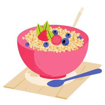 A vibrant smoothie bowl filled with a smooth, bright pink base. The bowl is topped with a generous layer of crunchy granola, adding texture. Fresh blueberries, strawberries, and raspberries are scattered artfully on top, providing pops of red and blue. A few mint leaves are placed for a touch of green. The bowl sits on a wooden table, with a spoon resting beside it.
