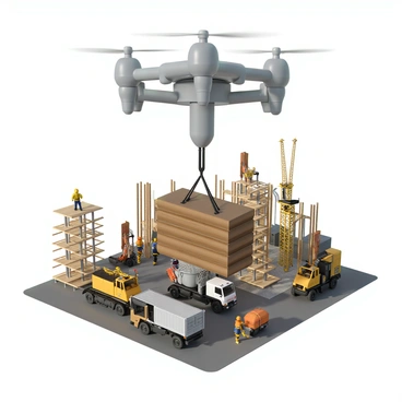 A large drone with a sleek, metallic body and four propellers hovers above a busy construction site. It is equipped with a sturdy cargo hook, currently lifting a bundle of construction materials, such as wooden beams and metal sheets. Below, workers in hard hats and safety vests are actively engaged in various tasks, including using a crane and operating machinery. Nearby, stacks of building materials are neatly arranged, and construction vehicles, like trucks and excavators, are seen moving about. The scene is filled with scaffolding and partially constructed buildings in the background.