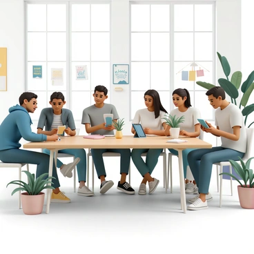 A group of five young entrepreneurs is gathered around a large wooden table in a modern co-working space. Two men and three women are engaged in an intense brainstorming session. Each person is using a sleek digital tablet, taking notes and displaying vibrant graphics. The men are dressed in casual attire, one wearing a blue hoodie and the other in a gray t-shirt, while the women are in stylish blouses and jeans. The room is filled with large windows that let in natural light, and the walls are adorned with motivational posters. Various indoor plants are scattered around, adding a fresh touch to the contemporary decor.