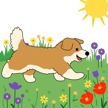 A small dog with fluffy fur, featuring a mix of brown and white colors, is playfully running through a vibrant field filled with an array of wildflowers in various shades. The wildflowers include bright yellow daisies, deep purple violets, and cheerful red poppies, creating a lively and colorful landscape. The dog's ears are flopping in the wind as it dashes forward, and its tail wags excitedly behind it. The sun shines brightly above, casting a warm glow over the entire scene, highlighting the joyful atmosphere of the moment.