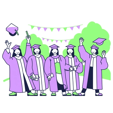 A group of medical illustration graduates is celebrating their achievements outdoors. They are wearing caps and gowns, with each graduate adorned in a unique combination of styles. Some caps are tilted to the side while others are worn straight. The graduates are gathered in a semicircle, smiling and holding their diplomas. A few graduates are raising their arms in excitement, and one is playfully tossing their cap into the air. In the background, there is a large, tree-lined path and a few colorful banners representing their graduation ceremony.