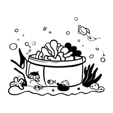 A tin of fish resting on the sandy ocean floor, partially covered by a cluster of colorful coral. Surrounding the tin are various curious marine creatures, including a small school of fish swimming around it and a sea turtle gliding gracefully nearby. A starfish is perched on a rock close to the tin, while a curious octopus reaches out one of its tentacles towards it. Bubbles rise to the surface, creating a dynamic sense of movement in the water.