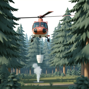 An R66 helicopter, painted in bright red and white, is hovering above a dense forest filled with tall green trees and thick foliage. Below, wisps of smoke rise from a small area, indicating a fire in the underbrush. The helicopter is equipped with a water bucket suspended from its skids, which is partially filled with water, ready to be deployed. The rotors are spinning rapidly, creating a slight blur, while the pilot is visible, focused on the firefighting operation. The sunlight filters through the tree canopy, casting dappled shadows on the ground below.
