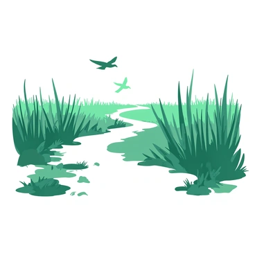 A white mist covers a narrow, winding path that cuts through a marsh filled with tall, green reeds on either side. The ground is slightly wet and reflects the soft, diffused light from the overcast sky. In the distance, silhouettes of birds are seen flying low over the marsh, their wings spread wide. The path is lined with patches of grass, and a few fallen leaves can be spotted along the edges, enhancing the sense of tranquility in the scene.