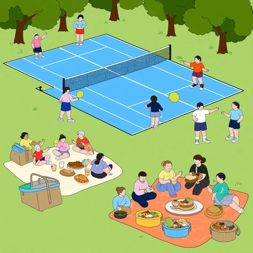 A pickleball court next to a picnic area with families enjoying food and games