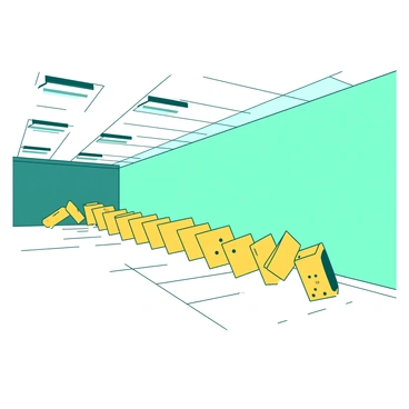 A long line of yellow dominoes is falling in a perfect zigzag pattern in the middle of a spacious room. The dominoes are arranged neatly, each one toppling over in succession, creating a visually striking sequence. The floor of the room is a polished white, reflecting the bright light coming from overhead fixtures. The walls are painted a soft teal, providing a contrasting backdrop to the vivid yellow of the dominoes. The scene captures the moment of motion, with the last domino just beginning to tip over.