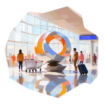 A modern sculpture positioned in the arrival hall, featuring abstract forms that symbolize movement and exploration. The sculpture is made of polished stainless steel, reflecting light and surroundings. It incorporates dynamic curves and angles that suggest the idea of a journey. Surrounding the sculpture, the arrival hall includes marble flooring and large glass windows that allow natural light to pour in, enhancing the atmosphere of anticipation and welcome. People are seen walking by, some glancing at the sculpture, while luggage carts are placed nearby, emphasizing the theme of travel.