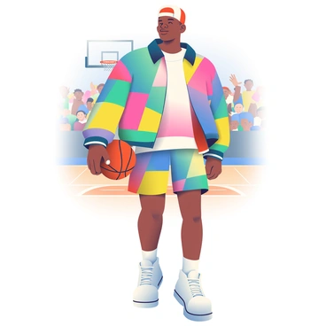 A man resembling Michael Jordan is dressed in vibrant 1990s fashion, featuring a baggy, colorful windbreaker jacket with geometric patterns and oversized shorts. His outfit includes white high-top sneakers that are popular from that era, along with a baseball cap worn backwards. In his right hand, he is confidently holding a classic brown leather basketball. The background includes a basketball court with a wooden floor, a hoop in the distance, and a cheering crowd, creating an energetic atmosphere. The lighting highlights the man's face, emphasizing his focused expression.