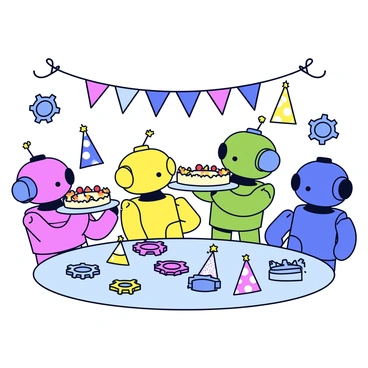 A group of colorful robots is gathered together, each with a distinct design and personality. One robot is holding a round birthday cake with vibrant frosting and a single lit candle. Surrounding the robots are various decorations made of gears and cogs, arranged in a playful manner. Some gears are hanging from string, while others are placed on a table along with party hats that have playful patterns. A banner made of small gears stretches across the scene, adding to the celebratory atmosphere.