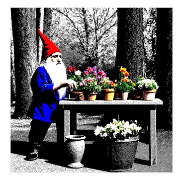 A small gnome with a long white beard is standing at a vintage flower stall. He is wearing a pointed red hat and a blue tunic. The stall is made of aged wood, adorned with various pots of colorful flowers. The gnome is carefully arranging vibrant blooms, holding a delicate flower in one hand while placing it in a pot with the other. Surrounding the stall are tall trees, their trunks thick and bark textured. Sunlight filters through the leaves, casting dappled shadows on the ground. The scene conveys a whimsical atmosphere of a forest flower market.