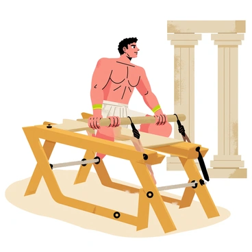 An ancient Greek athlete with muscular arms and wearing a traditional loincloth is performing a seated cable row. The athlete has a determined expression on his face as he pulls a rough wooden handle attached to a series of leather straps. The equipment features a simple wooden frame with ropes and pulleys, positioned on a sandy floor. In the background, there are stone columns representing the architecture of ancient Greece. Sunlight streams in, illuminating the scene and highlighting the athlete's strong physique.