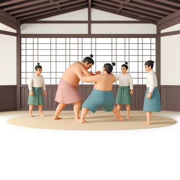 A group of four sumo wrestlers, each wearing a traditional mawashi, is practicing inside a traditional sumo training hall. The first wrestler, tall and muscular, has dark hair tied up in a topknot. He is engaged in a shoving match with another wrestler, who is shorter and stockier, with a similar topknot. The third wrestler, standing to the side, is observing intently, with an expression of concentration. The fourth wrestler is practicing footwork, moving gracefully across the sandy training area. The training hall features wooden beams and tatami mats, with a shoji screen in the background allowing soft light to filter through. The atmosphere is focused and intense, reflecting the dedication of the sumo wrestlers.