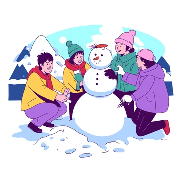 A group of four people is cheerfully building a snowman in a snowy backyard. The first person, wearing a red scarf and yellow winter jacket, is rolling a large snowball for the snowman's base. The second person, dressed in a teal hat and blue coat, is shaping a smaller snowball for the snowman's middle section. The third person, with a pink beanie and white gloves, is placing a carrot on top of the snowman's face as a nose. The fourth person, wearing a purple parka, is gathering twigs for the snowman's arms. The backyard is blanketed in fresh white snow, and there are snow-covered trees in the background.
