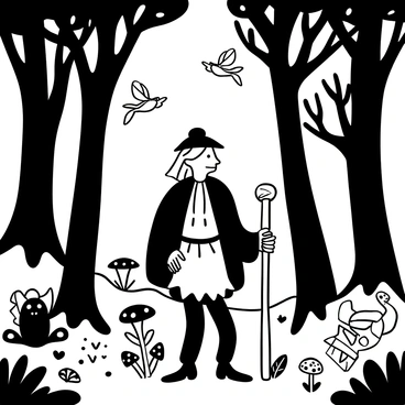 Baba Yaga standing in the center of a dense, dark forest, surrounded by various mystical creatures. She is depicted as an elderly woman with wild hair, wearing a tattered dress and a cloak, holding a wooden staff. Around her, small fairies with delicate wings hover gently, while goblins observe curiously from behind tree trunks. The trees are tall and twisted, their branches reaching out like skeletal hands. The ground is covered in leaves and mushrooms, creating a mystical atmosphere in her woods.