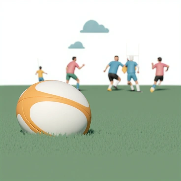 A close-up of a rugby ball resting on a vibrant green grassy field. The ball is textured with white and orange panels, reflecting light. In the background, a group of players are practicing. They are wearing brightly colored jerseys in shades of blue, red, and yellow, running and tackling while focused on their training drill. The sky above is clear, with a few scattered clouds, adding depth to the scene.