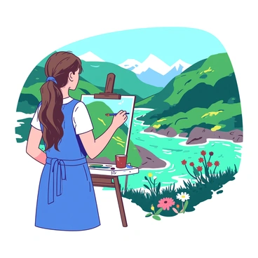 An artist stands beside a flowing river, focused on their work. The artist is wearing a blue apron and has long brown hair tied in a ponytail. An easel is set up in front of them, displaying a vivid painting of a scenic landscape of Kashmir. In the background, lush green mountains rise majestically against a clear blue sky. The river glistens under the sunlight, reflecting shades of teal and white. Nearby, a few colorful wildflowers dot the riverbank, adding a vibrant touch to the serene scene. The artist holds a brush in one hand, skillfully adding details to the painting while glancing occasionally at the breathtaking view before them.