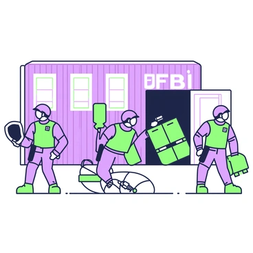 An FBI team in tactical gear is positioned outside a large warehouse. The team consists of four agents, two at the forefront and two positioned slightly behind. One agent in the front is holding a shield in their left hand and a flashlight in the right, scanning the area for threats. The second agent is preparing to breach the warehouse door, equipped with a battering ram. The agents wear helmets and body armor, with patches visible on their arms. The warehouse itself is aged with a metal exterior, featuring large, high windows, and a heavy door. In the background, faint shadows suggest movement, adding a sense of urgency to the scene.