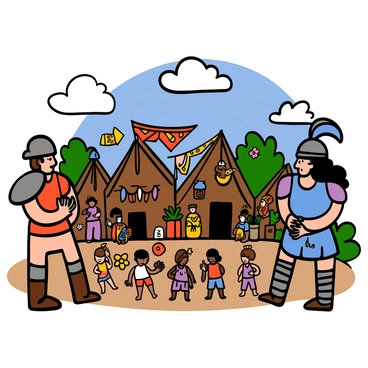 Two conquistadors with light skin and armored helmets are observing a vibrant native village bustling with activity. The first conquistador has short brown hair and a sturdy build, while the second has longer black hair pulled back. The native village features colorful decorations, including banners and woven tapestries hanging from the huts. People with various skin tones are engaging in daily activities, such as cooking, crafting, and dancing. Bright flowers and greenery surround the area, and a group of children are playing nearby, adding to the lively atmosphere. The sky is clear with a few fluffy clouds, enhancing the feeling of a sunny day.