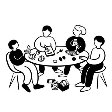 A group of children sitting around a large table covered with colorful toy money and a ledger. One child is writing in the ledger with a pencil, while another child is stacking piles of play money nearby. A third child is handing over a toy item to a friend in exchange for play money. Various denominations of play money are scattered across the table, along with some markers and stickers. The children are engaged in their game, each focused on their transactions.