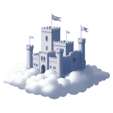 A large fortress with tall towers and intricate battlements sits suspended high in the clouds. The structure features arched windows and ornate stonework that draws attention. Several banners are prominently displayed, fluttering in the wind. The clouds surrounding the fortress appear soft and billowy, creating an illusion of elevation. The scene conveys a sense of grandeur and majesty, with the fortress dominating the sky above a sea of clouds.