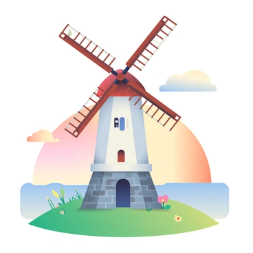 An old windmill with worn wooden blades and a weathered white exterior is standing tall on a grassy hill. The windmill's base is made of stone, featuring rustic details. In the background, the setting sun casts a warm orange and pink glow across the sky, illuminating the scene. The grassy hill is dotted with wildflowers, and a gentle breeze can be seen making the grass sway. The landscape stretches out in the distance, with a few scattered clouds reflecting the colors of the sunset.