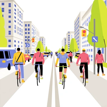 A busy street lined with tall buildings on either side. The foreground features a dedicated bike lane filled with cyclists in various colorful outfits. Some cyclists are wearing helmets while pedaling along, and a few are carrying backpacks. The background shows cars and pedestrians, adding to the bustling atmosphere. Traffic lights and road signs are visible, enhancing the urban setting.