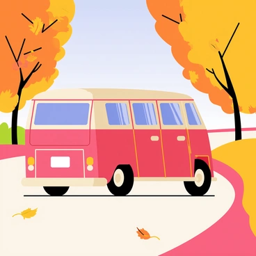 A vintage VW van in bright red color is parked on a winding road. The road is bordered by vibrant autumn foliage in shades of orange, yellow, and red. Trees with colorful leaves arch over the road, creating a natural canopy. A few fallen leaves are scattered on the ground, adding to the autumn atmosphere. The sky is a clear blue, contrasting with the warm colors of the foliage.