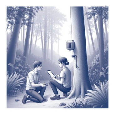 A dense rainforest filled with tall trees and lush vegetation. In the foreground, two researchers are setting up a camera trap. One researcher is kneeling beside a tree, carefully attaching a small black camera to the trunk with a strap. The other researcher is holding a tablet, observing the screen with focus, likely checking settings or recording data. Nearby, there are various plant species and the faint outlines of animals in the underbrush, suggesting the presence of local wildlife. Sunlight filters through the canopy, casting dappled shadows on the ground.