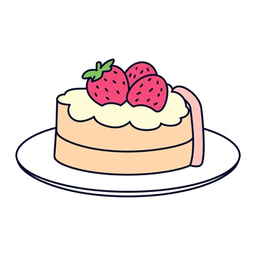 A slice of strawberry shortcake placed on a small white plate. The cake has soft, fluffy layers that are visible, with a generous amount of creamy frosting between each layer. On top of the cake, there are several juicy, fresh strawberries arranged neatly. The strawberries are bright red, showcasing their seeds, and the cream is smooth and glossy, creating a delectable contrast with the cake.