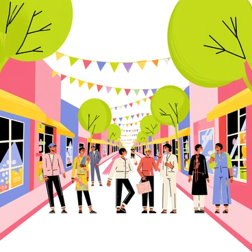 A vibrant street scene filled with a variety of colorful shops lining both sides of the street. The storefronts feature bright awnings and decorative displays, showcasing local crafts and goods. Locals in traditional attire walk along the busy sidewalks, wearing garments with intricate patterns and rich colors. Some individuals are engaged in conversation, while others carry shopping bags. In the background, trees with lush green leaves provide shade, and colorful banners flutter in the gentle breeze, adding to the lively atmosphere.