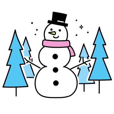 A cheerful snowman, with a round body made of three large snowballs, stands in the middle of a snowy forest clearing. The snowman has a bright orange carrot for a nose and coal buttons running down its front. It is wearing a red scarf wrapped around its neck and a black top hat perched on its head. Surrounding the snowman are tall evergreen trees, their branches heavy with fresh snow. The ground is covered in a thick, white blanket of snow, reflecting the light of the soft winter sun. Small snowflakes are gently falling from the sky, adding to the serene atmosphere of the scene.