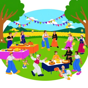 A joyful harvest festival scene bustling with activity. Colorful banners and streamers hang between trees, creating a festive atmosphere. Groups of characters, dressed in vibrant traditional clothing, are gathered around tables filled with an assortment of food such as roasted corn, pumpkins, and pies. Some characters are laughing and dancing, while others are enjoying a game of tug-of-war. Nearby, a child is playing with a small puppy, and several lanterns are illuminated overhead, casting a warm glow. In the background, there are fields of ripe crops and a bright blue sky, suggesting a bountiful harvest.