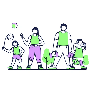 A family is exercising together in an open space. The parents are engaged in dumbbell thrusters, standing with proper form, each holding a dumbbell in their hands. The father is in the front, with a focused expression while he performs the movement, and the mother is beside him, showcasing her strength and determination. Nearby, two children are playing; one child is jumping rope while the other is tossing a colorful ball in the air. In the background, there are some trees adding to the lively atmosphere of the scene.
