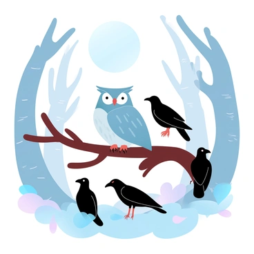 An owl is perched on a sturdy branch, its feathers detailed with intricate patterns. Surrounding the owl are several crows, their silhouettes contrasting against the moonlit backdrop. The forest is filled with tall trees, their trunks textured and gnarled. Soft, muted colors fill the scene, creating a calm, night-time atmosphere. A large, luminous moon hangs in the sky, casting a gentle light that highlights the owl and the crows. The ground below is covered in leaves, adding to the natural setting.
