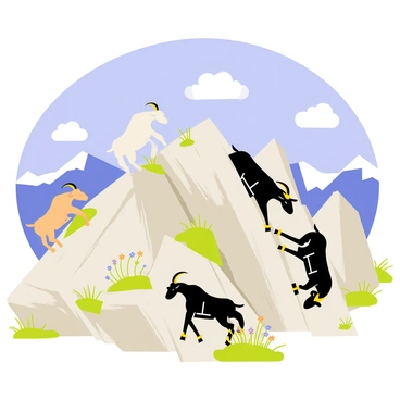 A group of mountain goats is navigating a rugged rocky terrain on a high-altitude plateau. The goats are shown in a variety of poses, some climbing steep rocks while others are grazing on sparse vegetation. The rocky ground is covered with patches of green moss and small wildflowers. The background features distant snow-capped mountains under a clear blue sky, with a few fluffy white clouds scattered throughout. The scene captures the determination and agility of the goats as they traverse their challenging environment.