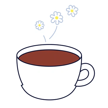 A white ceramic cup filled with dark brown tea. The cup has a simple design with a smooth surface. Above the cup, delicate steam rises in the shape of small flowers. The background is a soft color to emphasize the cup and steam.