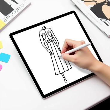 A digital tablet is positioned on a sleek, white workspace. The screen of the tablet shows a detailed fashion sketch, featuring a stylish dress design with intricate patterns and flowing lines. A hand, holding a stylus, is actively drawing on the tablet, capturing the elegance of the garment. Nearby, there are a few color swatches and fashion magazines, suggesting an atmosphere of creativity and design.