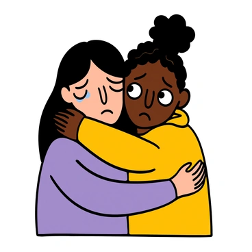 Close-up of a light-skinned girl with big eyes and long dark hair, her eyes glistening with tears, showing sadness. She is wearing a purple shirt. Beside her is a dark-skinned girl with big eyes and braided hair, wearing a yellow hoodie. The girl in the hoodie is wrapping her arms around her friend in a comforting hug, conveying support and empathy. The scene captures the intimate connection between them.