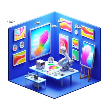 A futuristic art studio filled with gadgets and tools that combine art and technology.